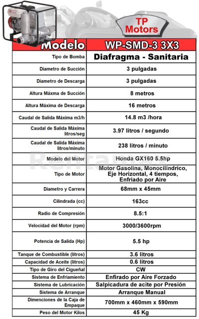 BOMBA DE AGUA DIAFRAGMA 3X3 SEPTICO HONDA GX160