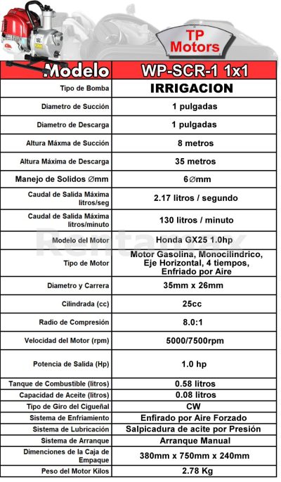 BOMBA DE AGUA PARA RIEGO 1X1 HONDA GX25